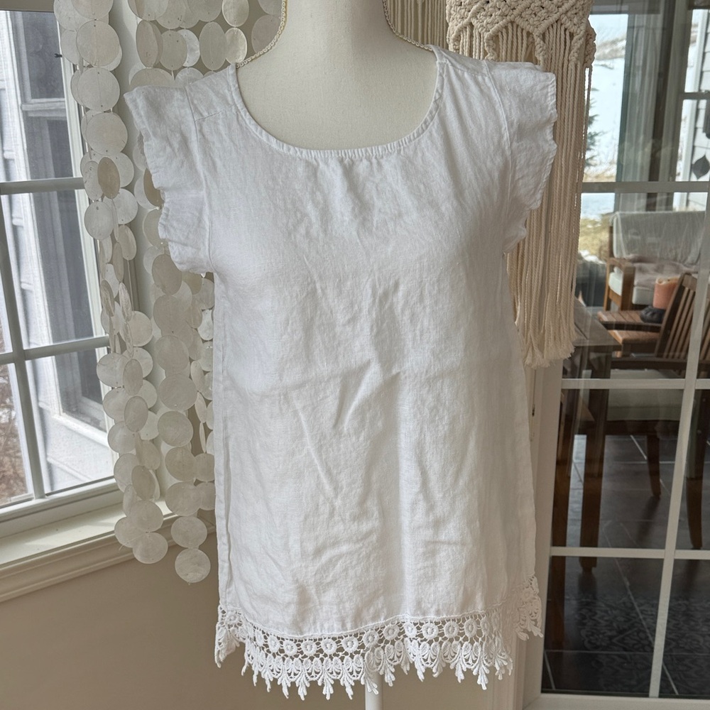 Italy White Linen Cotton Lace Trim Women's Top